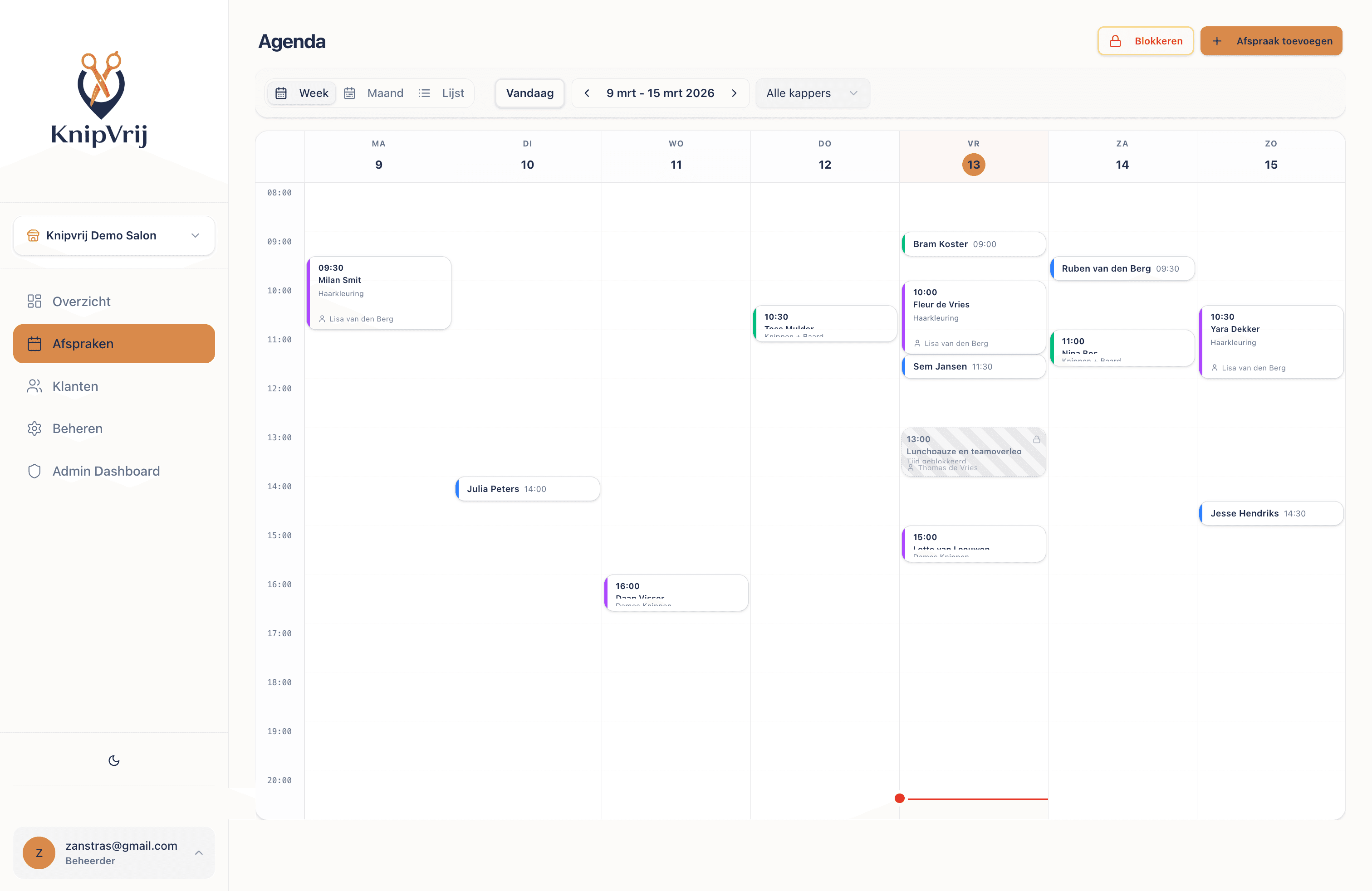 KnipVrij agenda weekoverzicht met afspraken en teamplanning